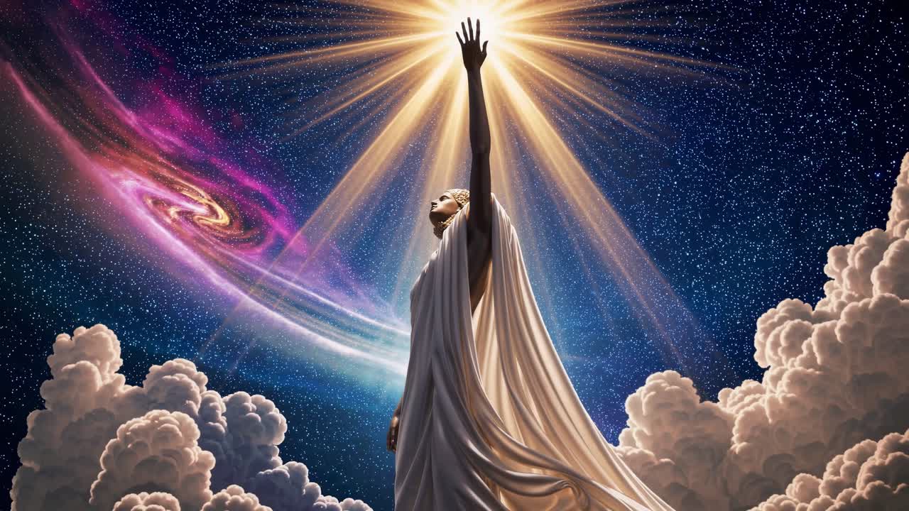 A celestial figure reaching towards a radiant light in a starry sky, captured from a low angle