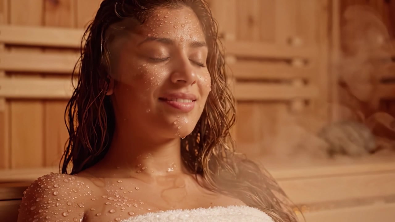 Relax in sauna: Un'esperienza serena con la pelle luminosa per l'umidità e il calore, che abbraccia la tranquillità e il benessere in un'atmosfera rilassante.