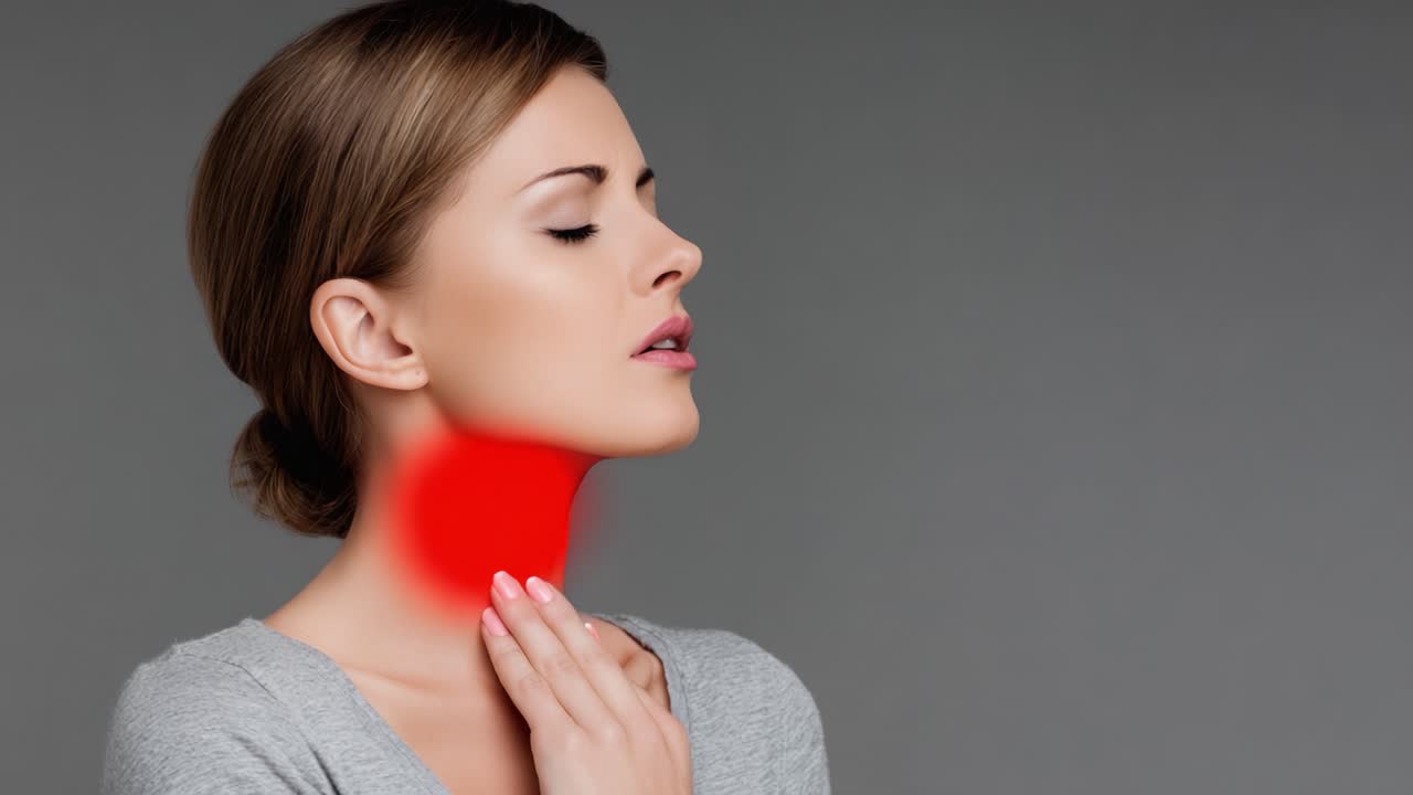 Una donna che avverte disagio nella zona della gola, evidenziando l'importanza della salute della gola e la consapevolezza delle potenziali condizioni mediche legate al mal di gola.