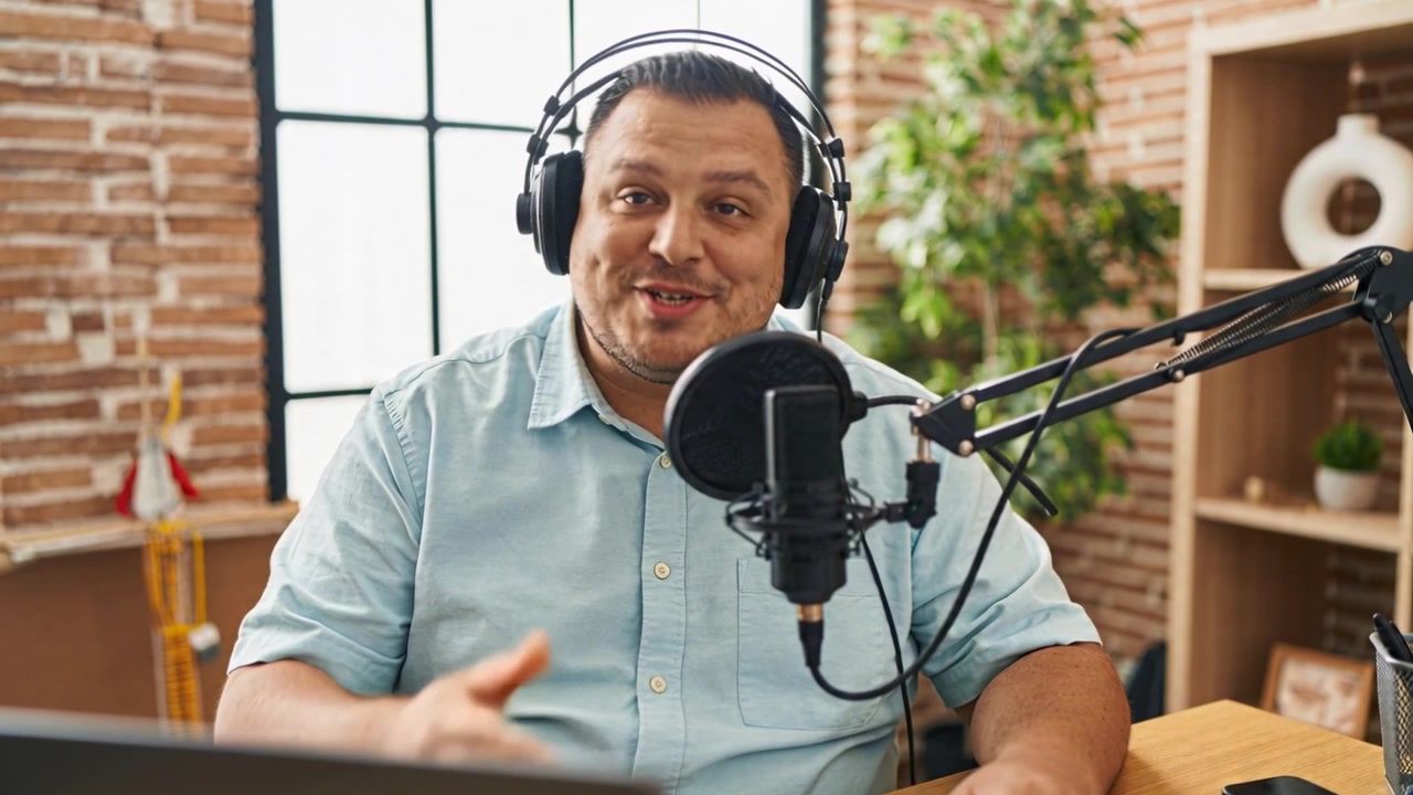 Podcaster kigger på bærbar og noter, optager og taler ind i mikrofon i hjemmestudie, gestikulerer.