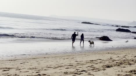 Paar-Spielt-Mit-Ihrem-Hund-Am-Strand-In-Malibu,-Kalifornien