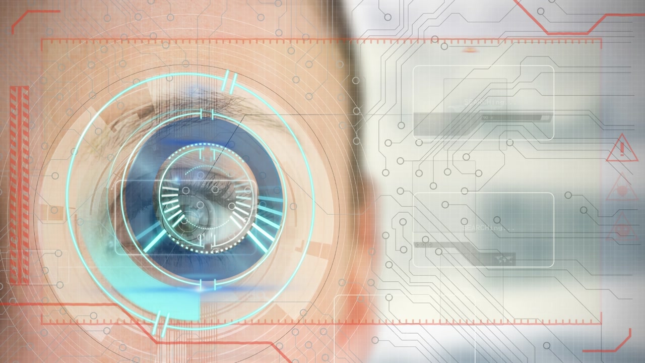 Animation of processing circle and data on digital screen over eye of caucasian woman