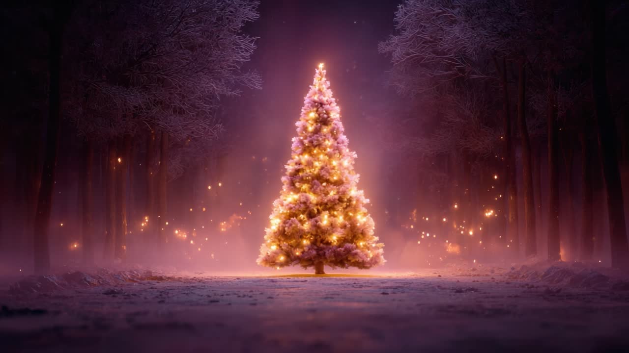 Enchanting Christmas Tree Glowing in a Mystical Forest, Surrounded by Sparkling Lights and a Dreamy Atmosphere of Holiday Magic and Winter Wonder