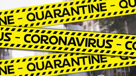 Animation of text quarantine on hazard tape, over woman in face mask using smartphone in city