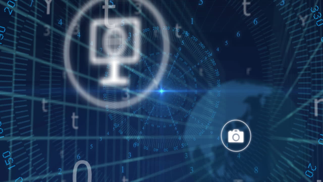 Digital data and technology icons animation over blue background with numbers