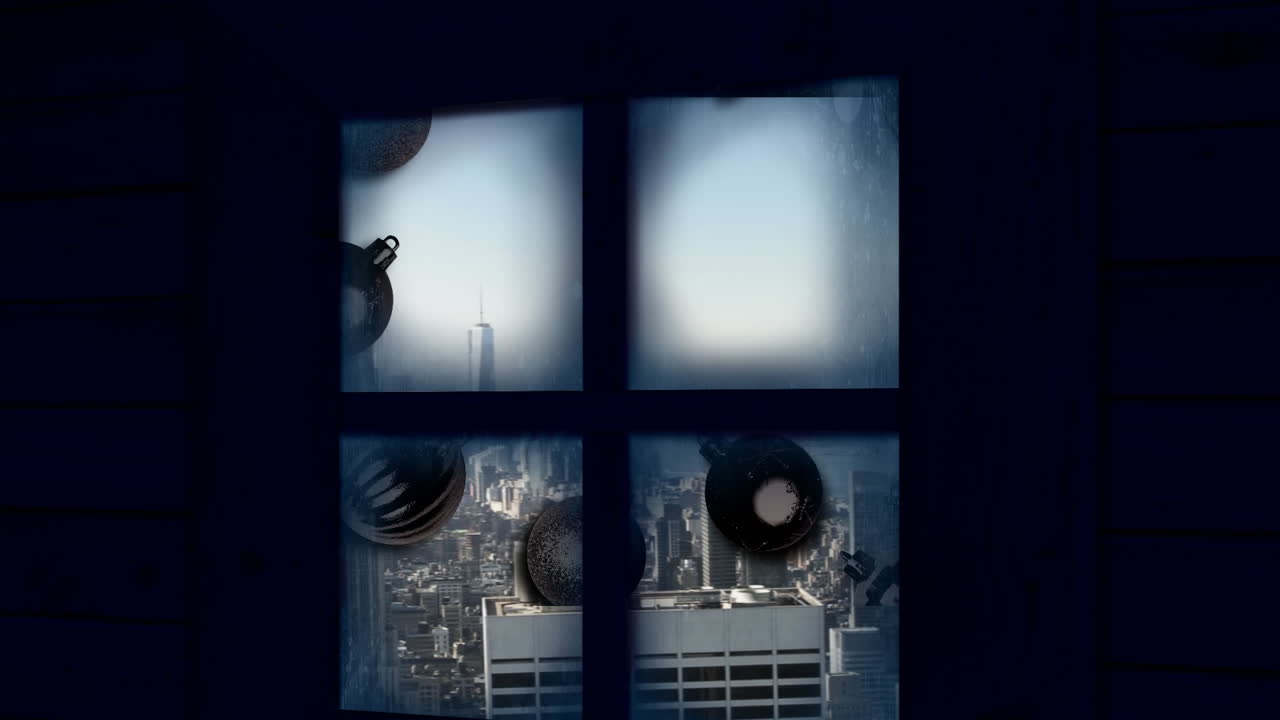 animación de decoraciones navideñas y paisaje urbano visto a través de una ventana