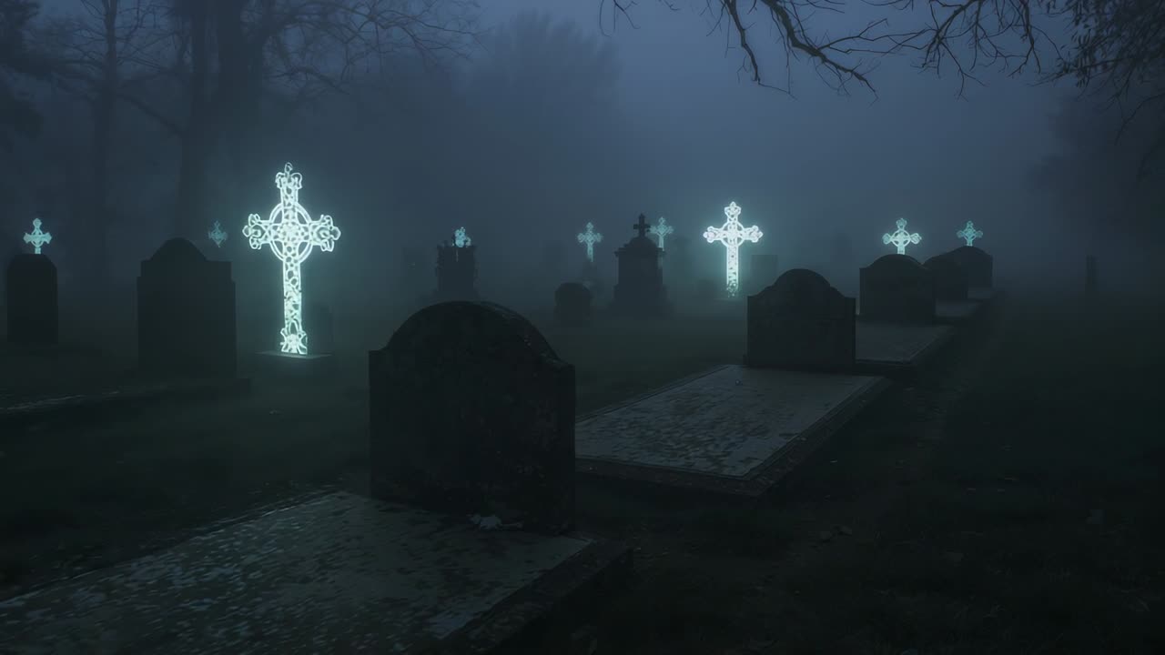 Camera starting panning across misty cemetery, revealing ornate glowing cross moving toward center