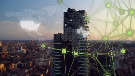 animación del procesamiento de datos sobre el paisaje urbano en 3d