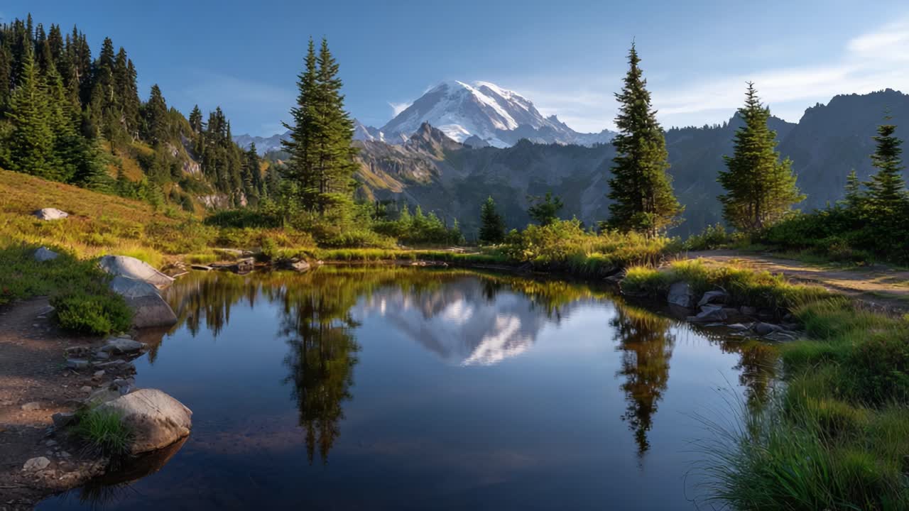 Vista panoramica mozzafiato di un sereno paesaggio montano che si riflette nelle acque tranquille di uno stagno isolato circondato da alberi verdeggianti e dalla ricca natura.