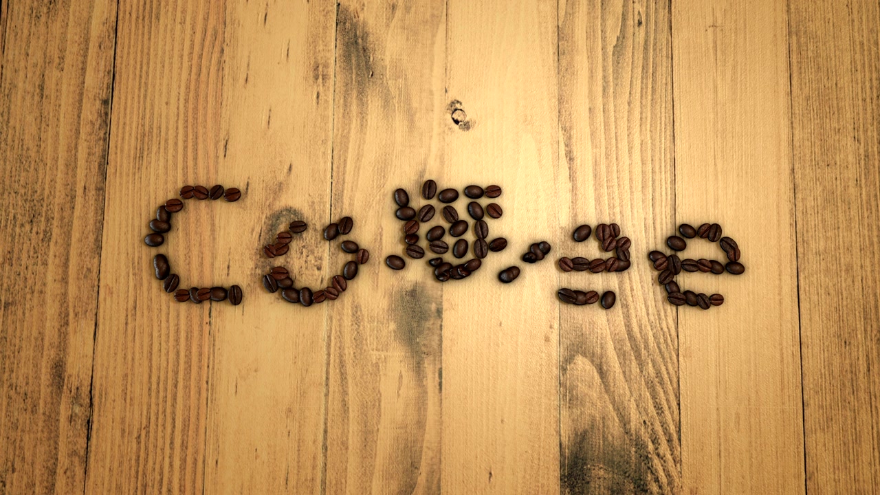 Lettere di chicchi di caffè in stop motion trasformate a forma di tazza. Rendering 3D.