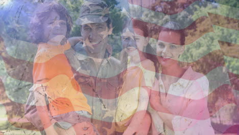 animación de un soldado con su familia sobre la bandera estadounidense