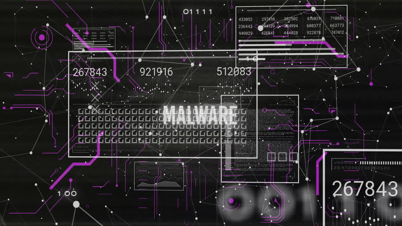 animación de detección de malware y análisis de datos en el fondo de la red digital