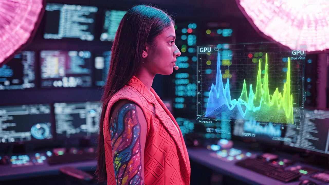 Uma mulher focada analisando visualizações de dados em um ambiente de alta tecnologia, exibindo gráficos vívidos de métricas de desempenho de GPU e padrões de ondas dinâmicos