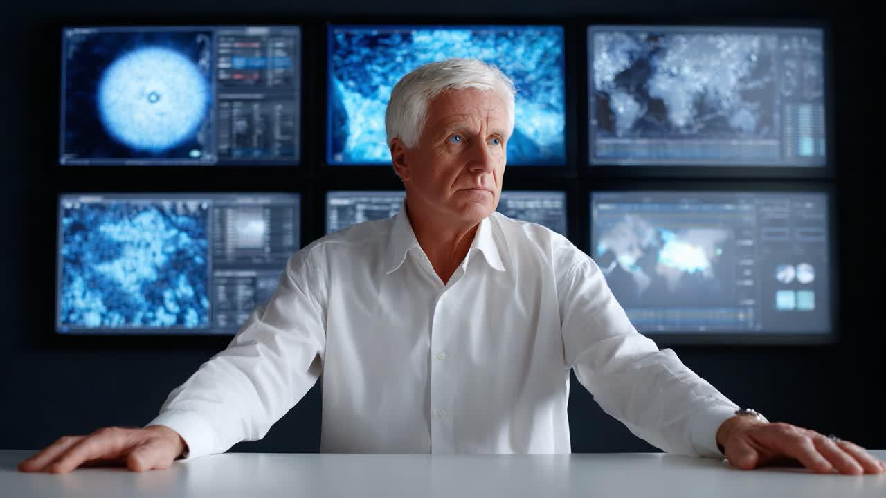 A contemplative figure sitting at a desk surrounded by multiple screens, absorbed in thought as data and visualizations illuminate the darkened environment