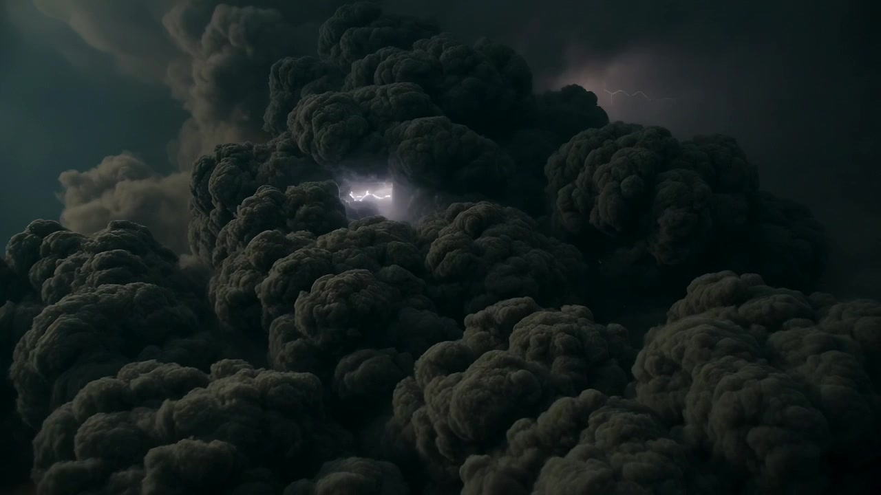 Grande massa de nuvens escuras se desdobrando e avançando no céu aberto, flash interno revelando estrutura interna.