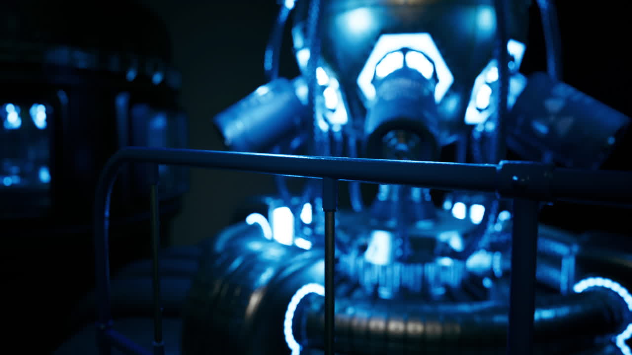 High tech futuristic machine in a dark room with glowing blue lights