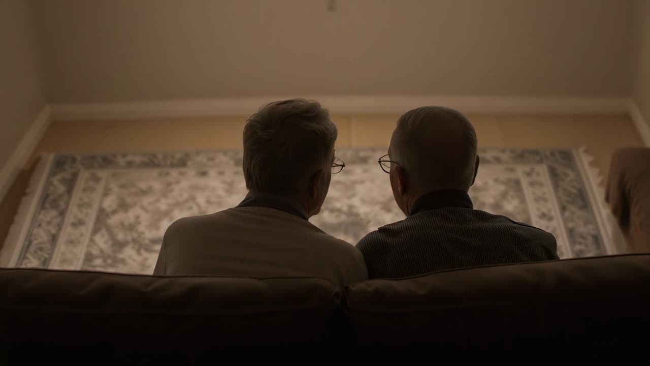 Tilting left man causing partner leaning closer on sofa at home for comfort in shirts, glasses