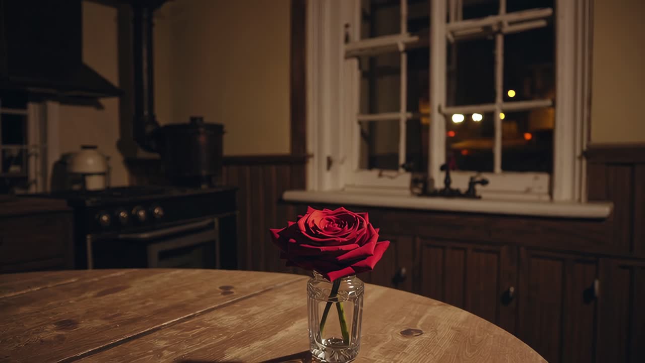 Red rose in a glass vase decorating a rustic wooden table in a vintage kitchen, creating a nostalgic and romantic atmosphere with warm lighting and a glimpse of the night outside the window
