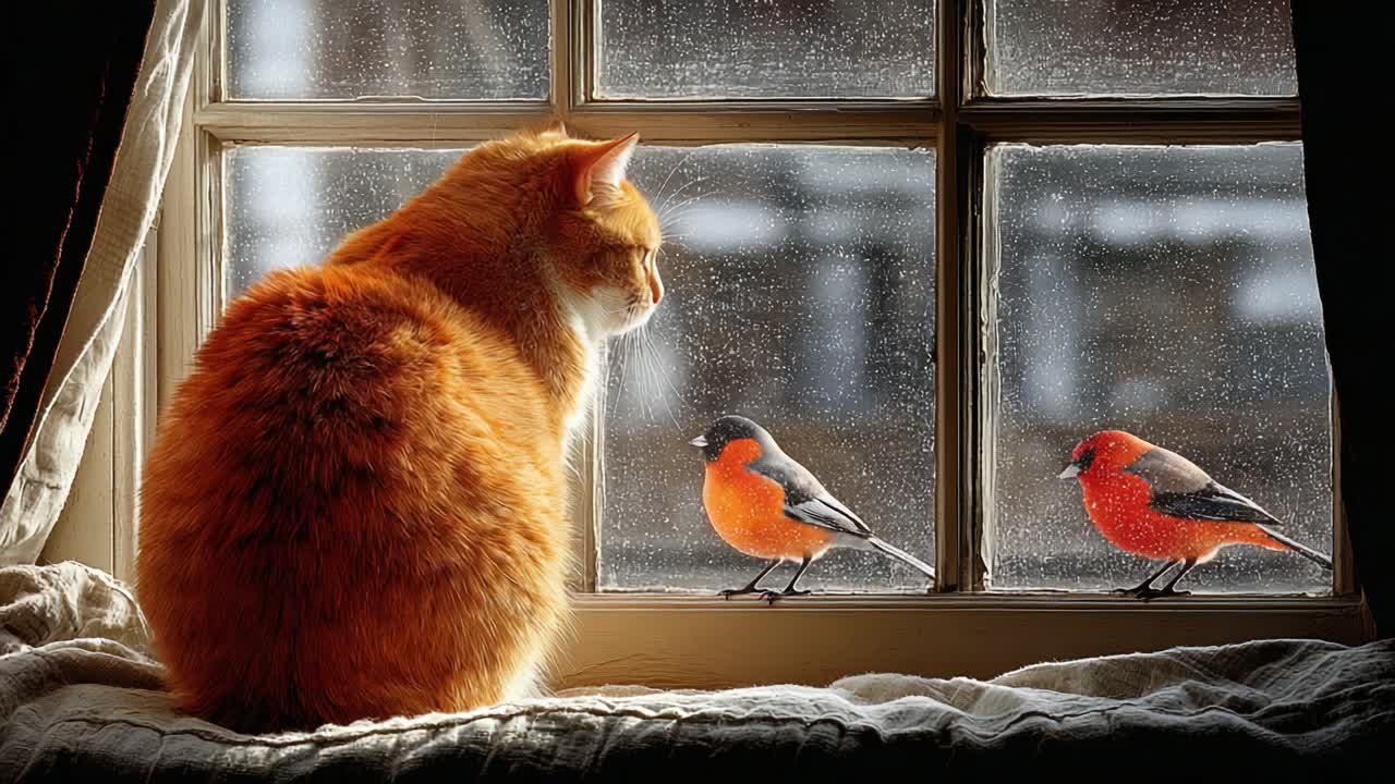 A Curious Cat Observes Colorful Birds Through a Rainy Window, Capturing a Charming Moment of Nature at Play in a Cozy Indoor Setting