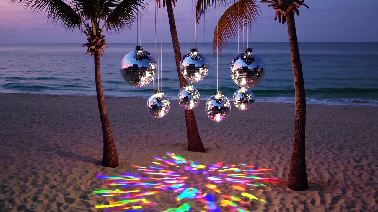 Disco balls hanging from palm trees, casting colorful lights onto a sandy beach at sunset, create a vibrant and festive atmosphere perfect for dancing and celebration under the twilight sky