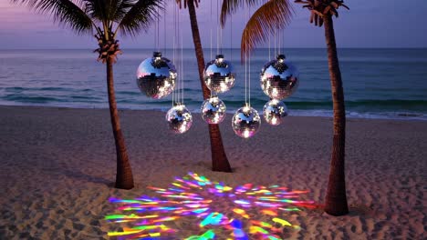 disco balls hanging from palm trees, casting colorful lights onto a sandy beach at sunset, create a vibrant and festive atmosphere perfect for dancing and celebration under the twilight sky