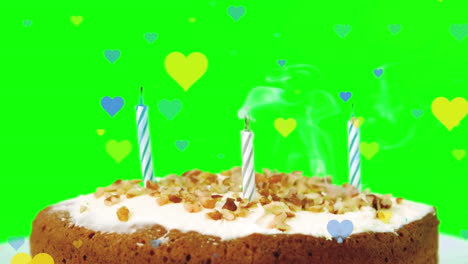 animación de corazones cayendo sobre el pastel de cumpleaños