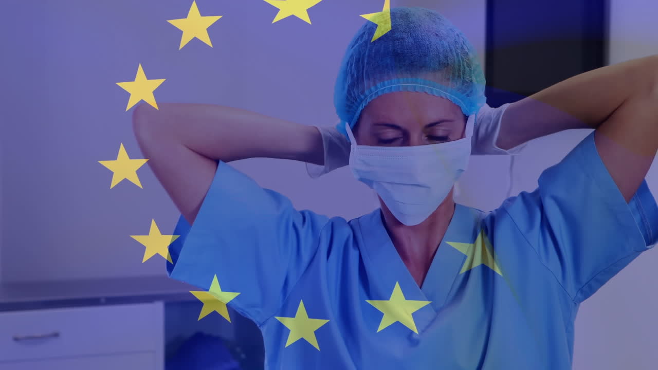 얼굴 마스크를 착용 한 여성 의사 위에 eu  ⁇ 발의 애니메이션