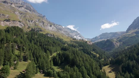 drone flying low over treetops in swiss mountains