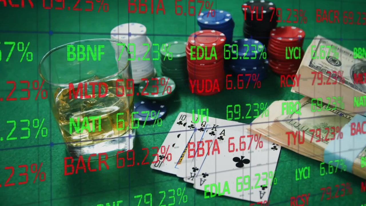 Animazione di borsa su carte da gioco e fiches su sfondo verde