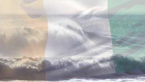 animation of flag of ireland blowing over waves in sea