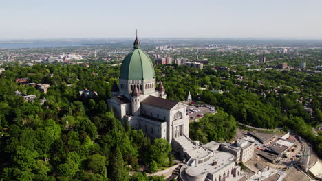 Aerial view backwards away from Saint Joseph&#039;s Oratory, summer day in Montreal