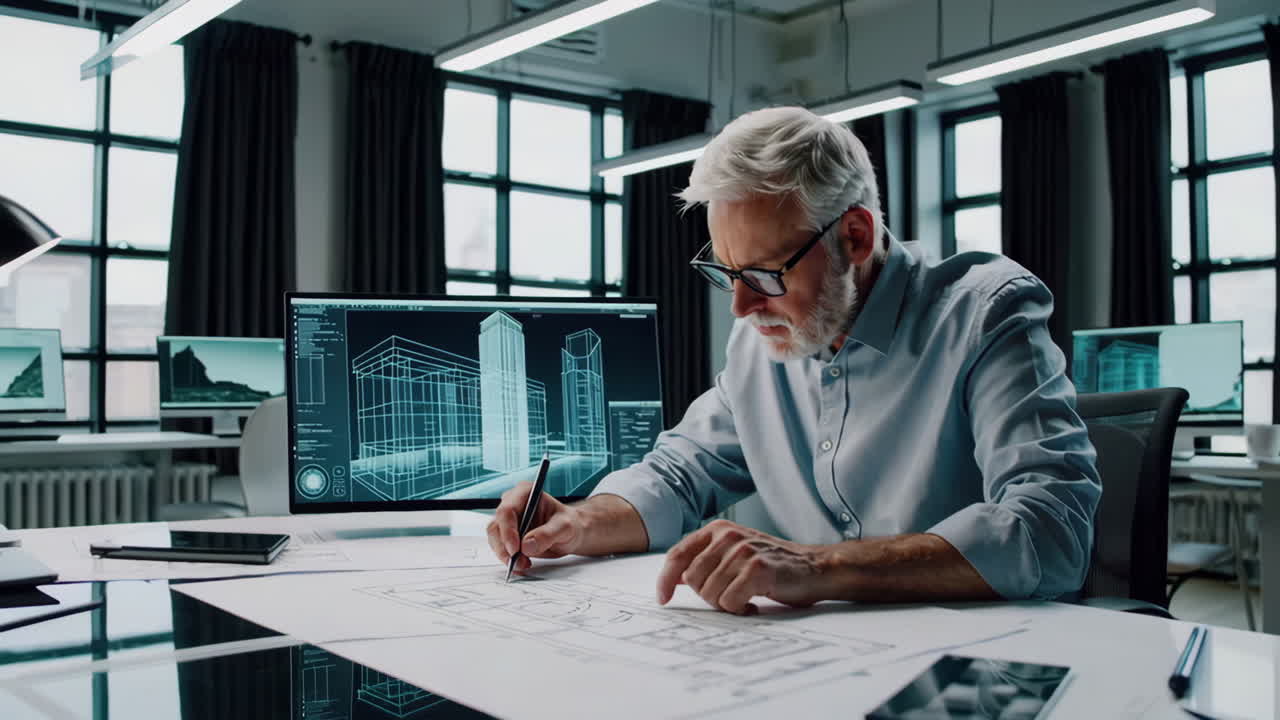 Senior Architect Working on Building Plans in Modern Office