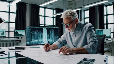 senior architect working on building plans in modern office