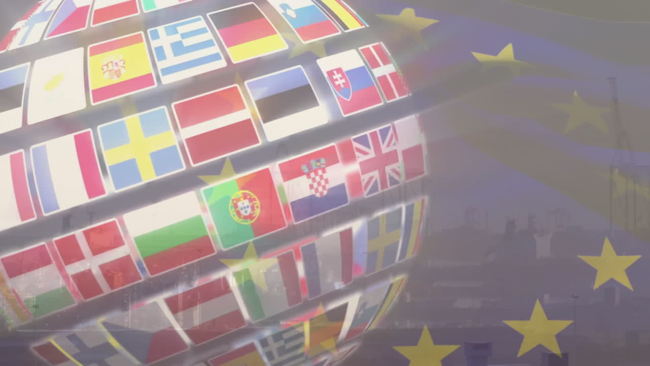 3D spherical globe displaying European national flags floating above semi-transparent EU stars