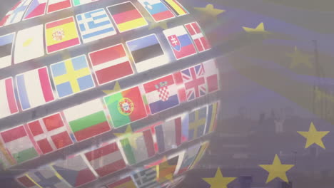 3d spherical globe displaying european national flags floating above semi-transparent eu stars