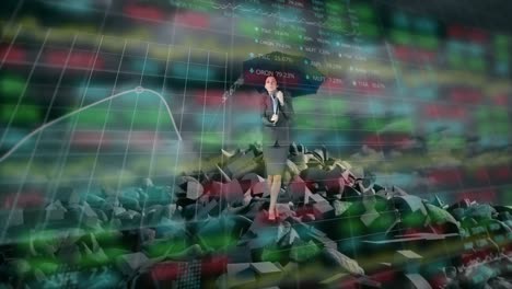 stock market data processing against businesswoman holding an umbrella