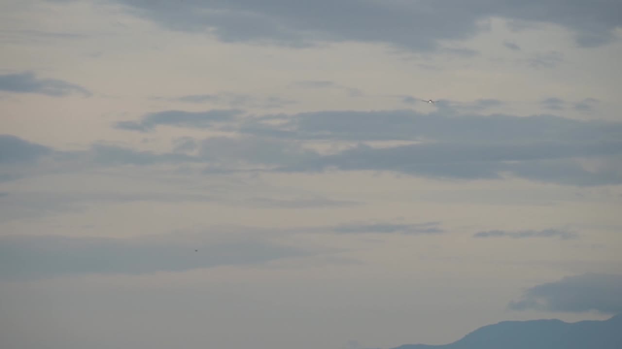 비행기는 슬로우 모션으로 똑바로 앞으로 날아갑니다.