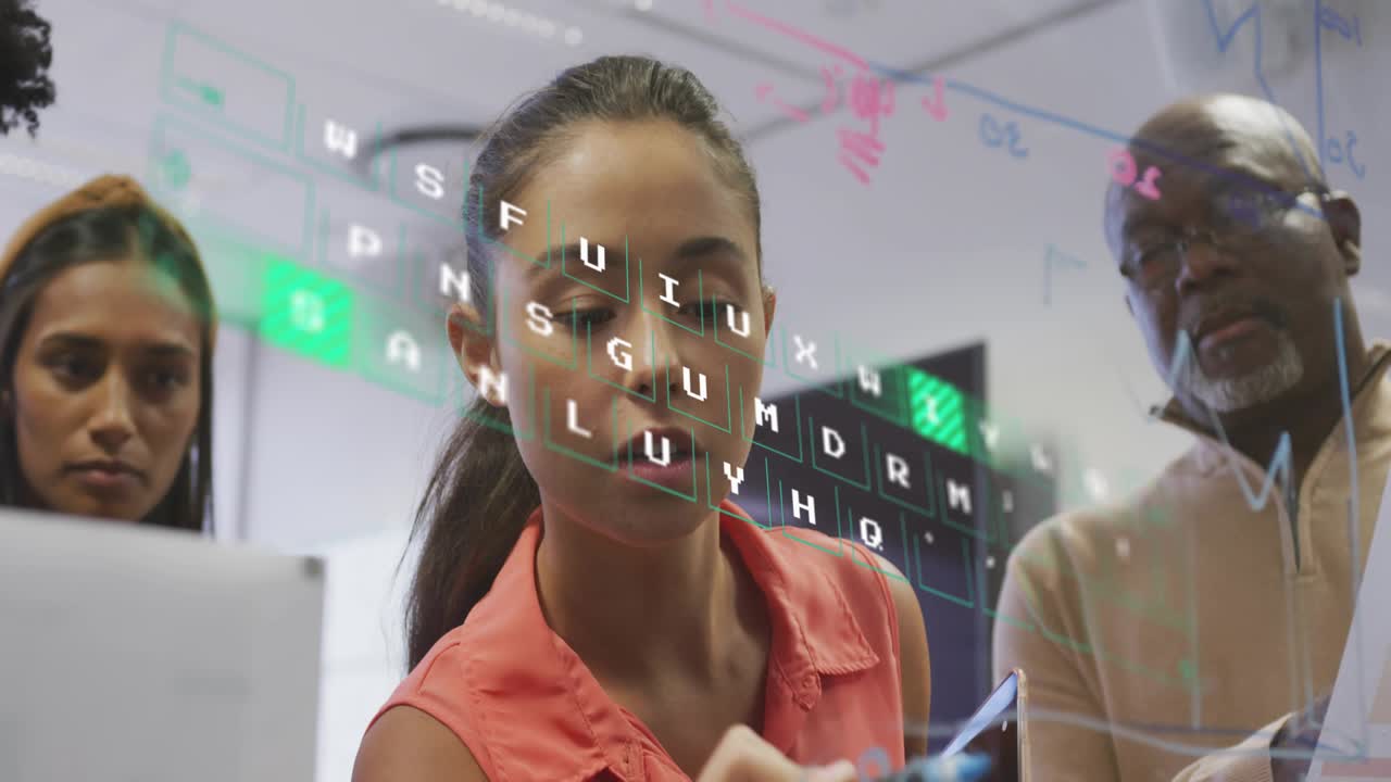 Centered woman writing on glass, starting letter tile grid and green highlight for business review