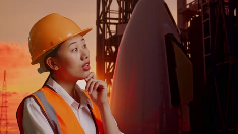 close up side view of asian female engineer with safety helmet thinking and looking around then raising her index finger while standing with space shuttle, sunset time