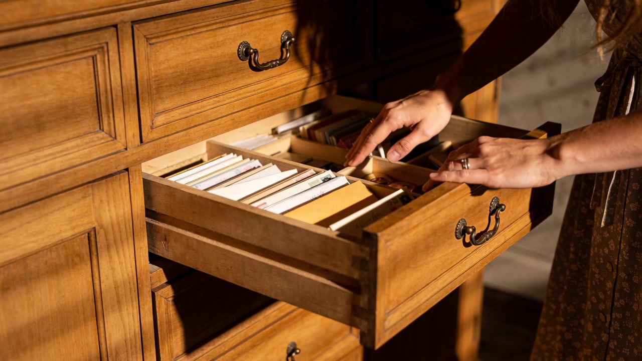 Pulling open drawer, woman in patterned dress reaching into dresser, searching recipe cards at home