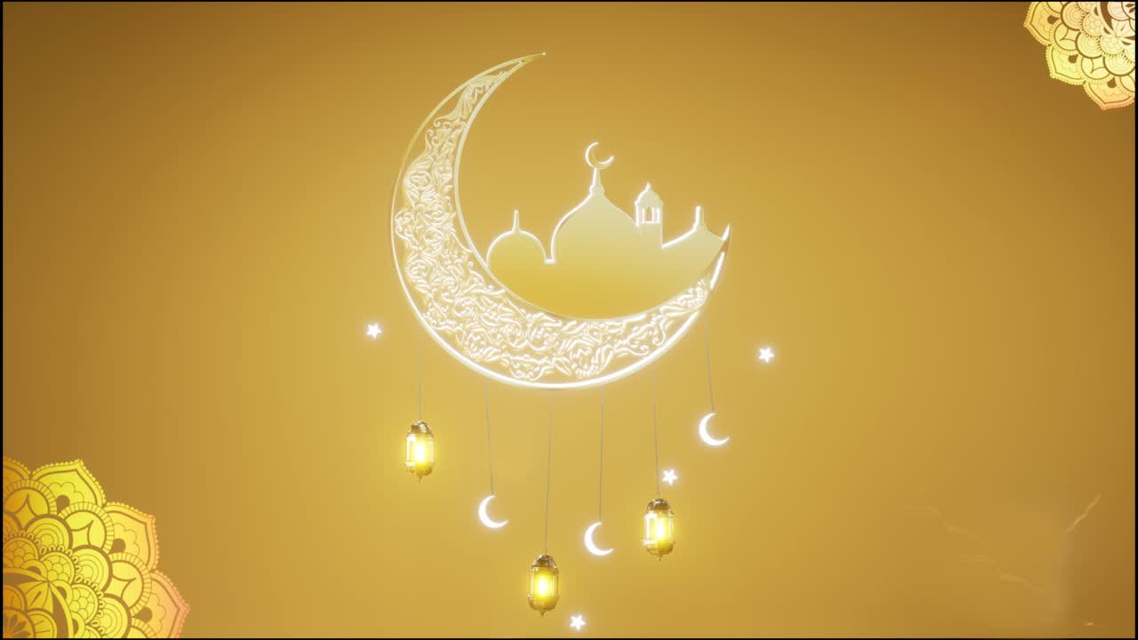 Eid Mubarak Animated Motion Graphics With Moon And Masjid With Islamic Mandala Background. Traditional Islamic Religious Lantern Mosque. Ramadan Celebration. Arabic Culture Festival Decoration