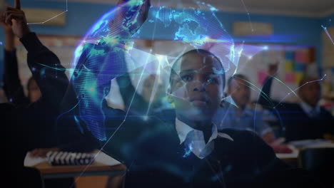 animation of networks of connections and globe over diverse schoolchildren in classroom