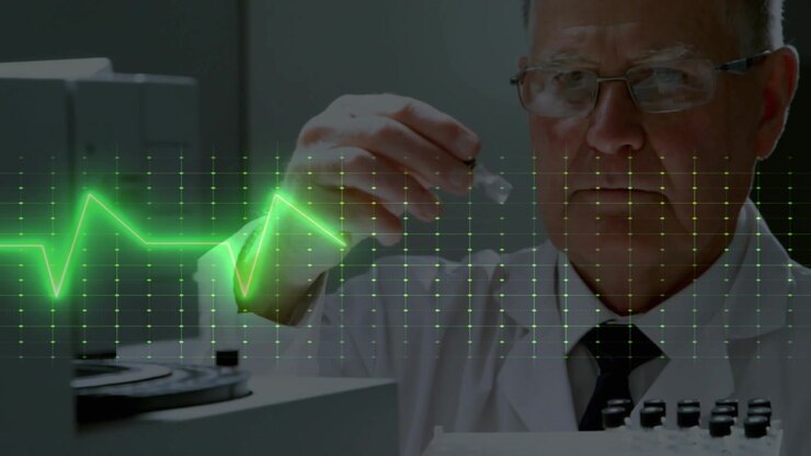 Lab tech placing vial on benchtop and loading rack for analysis, ECG waveform moving across front