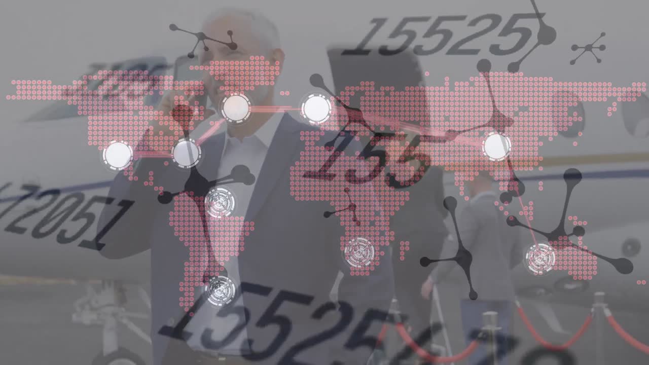 코카서스 사업가들에 대한 세계 지도 및 데이터 처리의 애니메이션