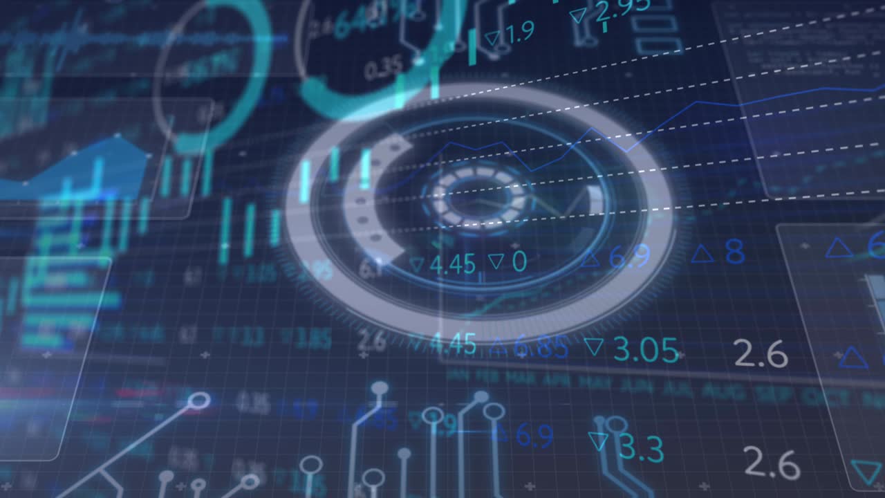 animación de una interfaz brillante con gráficos y estadísticas que se mueven sobre un fondo oscuro