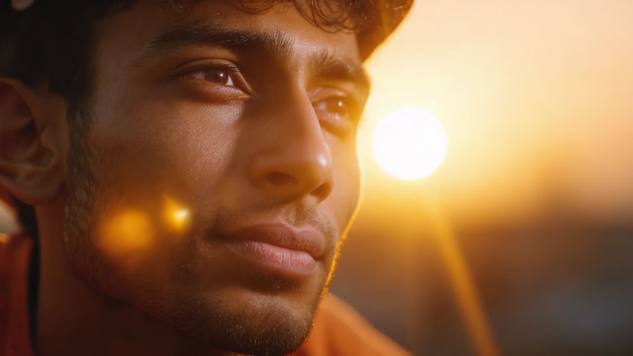 A Reflective Moment: Capturing the Intense Gaze of a Young Man in the Warm Glow of Sunset, Emphasizing the Beauty of Serenity and Contemplation Against a Vivid Horizon