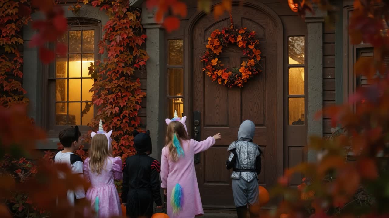Children in Halloween Costumes Gather at a Festive Doorway Adorned with Autumn Leaves and Pumpkins, Eagerly Awaiting the Holiday Celebration