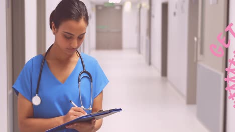 animation of pink breast cancer text over female smiling doctor