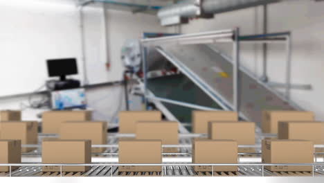 animation of cardboard boxes moving on conveyor belts in warehouse