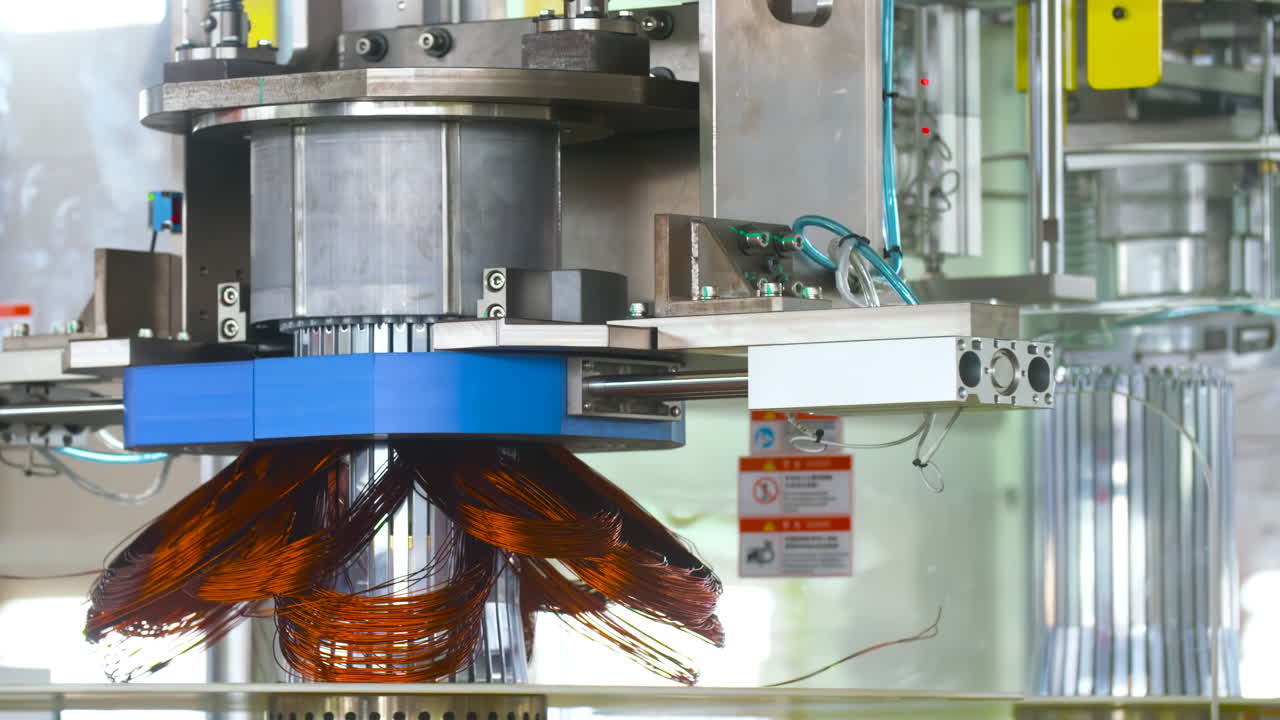 la maquinaria industrial eléctrica automatizada está apretando los cables de cobre dentro de la planta de fabricación de automóviles